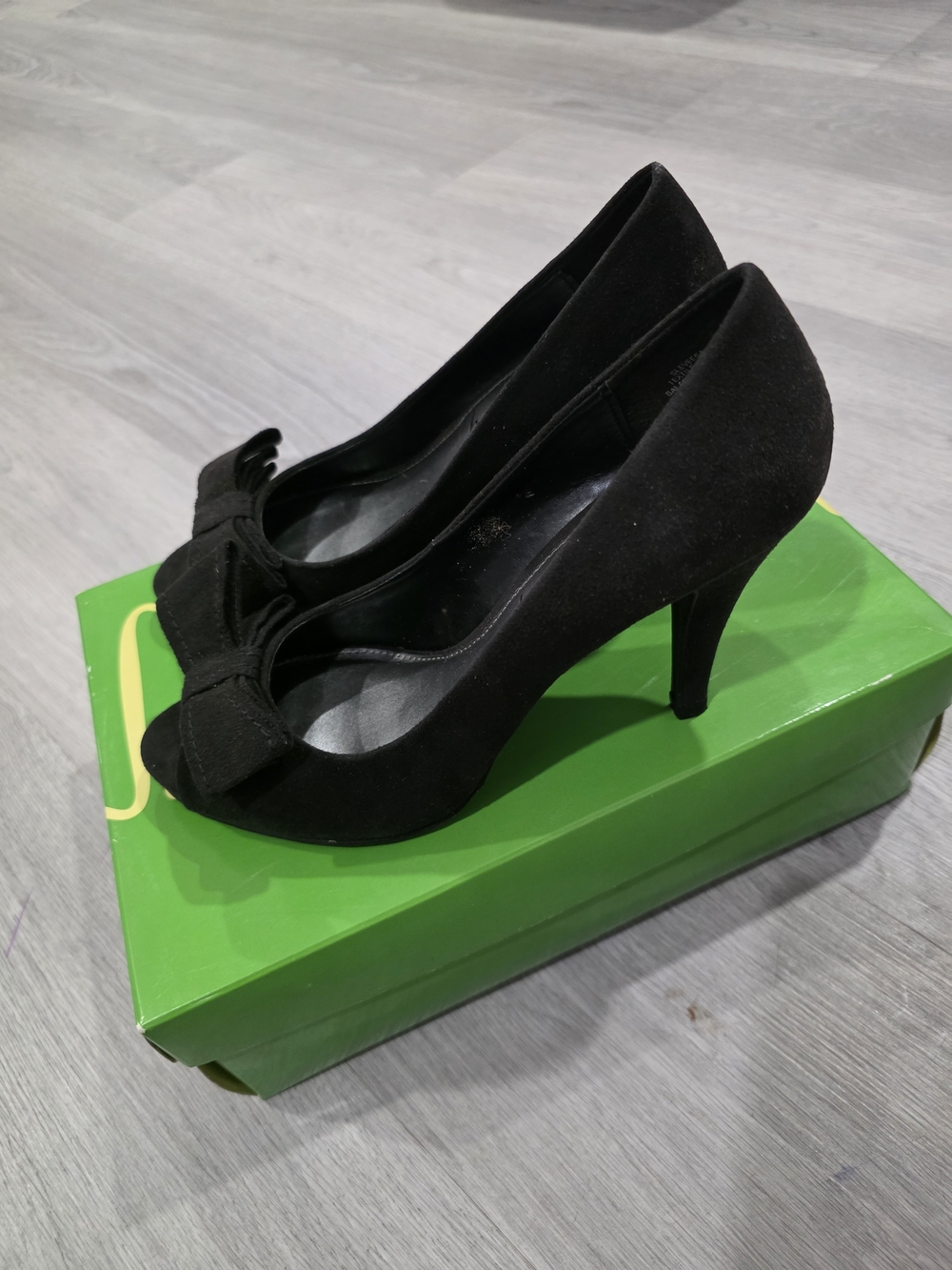 Sam & Libby Black Suede Peep-Toe Bow Heels